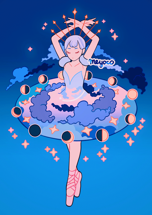 1girl armpits arms_up artist_name ballerina ballet bangs blue_background closed_eyes clouds crescent_moon dancing expressionless full_body full_moon gibbous_moon gradient gradient_background half_moon meyoco moon moon_phases new_moon original pink_footwear pointe_shoes purple_hair solo standing star