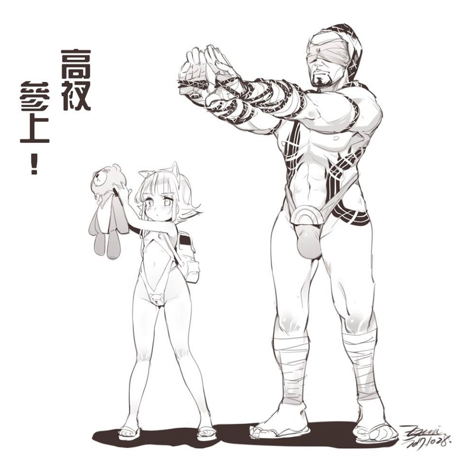 1boy 1girl animal_ears annie_hastur backpack bag closed_mouth ejami greyscale groin league_of_legends lee_sin monochrome navel short_hair simple_background stuffed_animal stuffed_toy swimsuit teddy_bear white_background