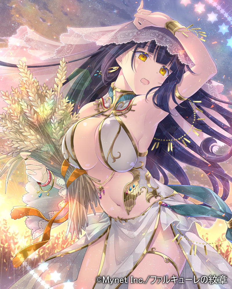 1girl :o arm_up armlet black_hair bracelet breasts company_name falkyrie_no_monshou gold_trim jewelry large_breasts long_hair midriff navel official_art outdoors solo soukuu_kizuna standing star thighlet twilight veil wheat yellow_eyes