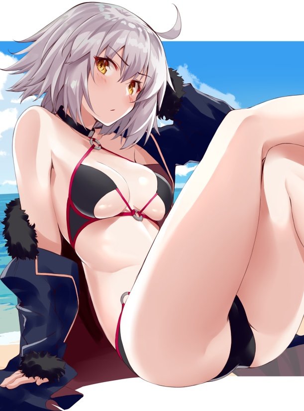 1girl ahoge ass bangs bare_shoulders beach bikini black_bikini blue_coat blue_sky blush breasts closed_mouth coat collarbone fate/grand_order fate_(series) fur-trimmed_coat fur_trim jeanne_d'arc_(alter)_(fate) jeanne_d'arc_(fate)_(all) knees_up large_breasts long_sleeves looking_at_viewer navel ocean open_clothes open_coat short_hair shunichi silver_hair sitting sky solo swimsuit thighs wicked_dragon_witch_ver._shinjuku_1999 yellow_eyes