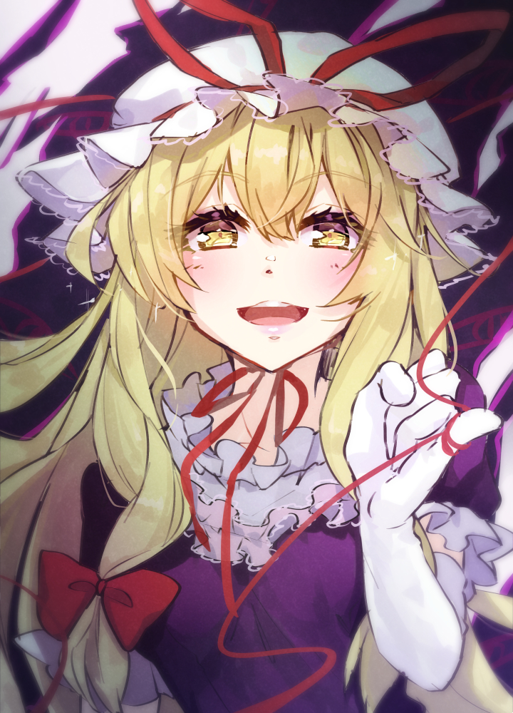 1girl :d bangs blonde_hair blush bow commentary_request dress elbow_gloves eyebrows_visible_through_hair gap gloves hair_between_eyes hair_bow hand_up hat hat_ribbon long_hair looking_at_viewer mob_cap open_mouth pinky_out puffy_short_sleeves puffy_sleeves purple_dress red_bow red_ribbon red_string ribbon short_sleeves smile solo string syuri22 touhou upper_body white_gloves white_headwear yakumo_yukari yellow_eyes