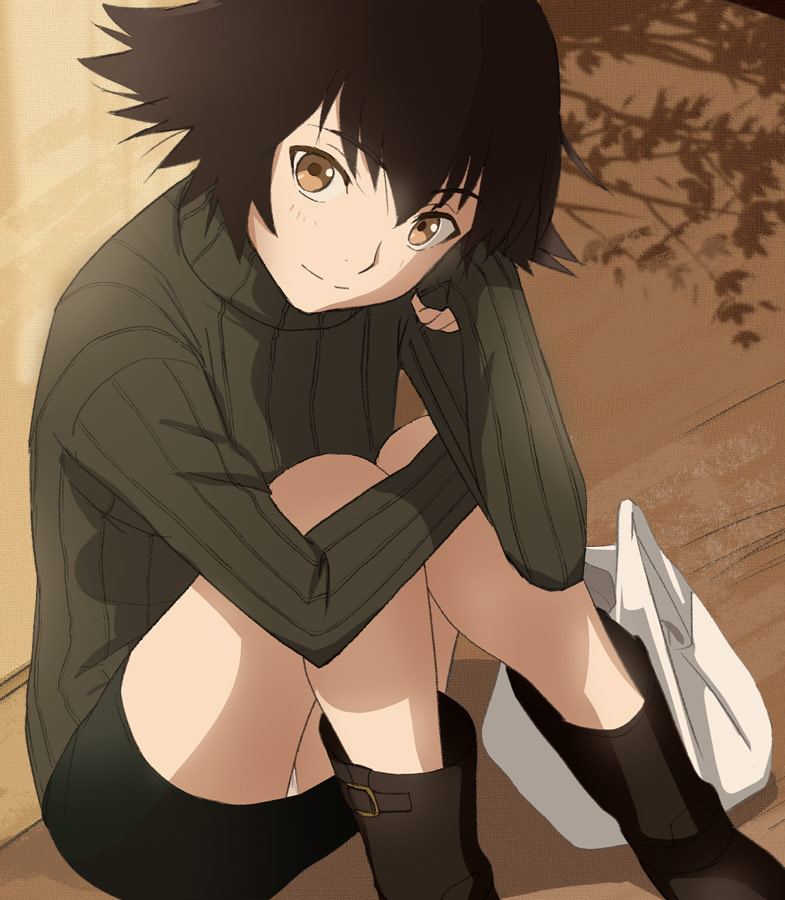 1girl black_hair black_skirt boots brown_eyes brown_footwear closed_mouth eyebrows_visible_through_hair green_sweater haruyama_kazunori long_sleeves looking_at_viewer nonaka_haru panties pantyshot pantyshot_(sitting) ribbed_sweater short_hair sitting skirt smile solo sweater underwear white_panties yesterday_wo_utatte