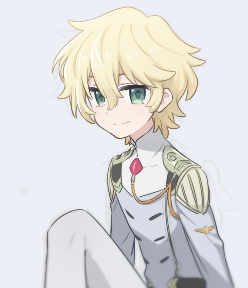 1boy bangs blonde_hair closed_mouth collar commentary_request darling_in_the_franxx green_eyes grey_background hair_between_eyes jacket long_sleeves looking_at_viewer male_focus military military_uniform mt.somo nine_alpha simple_background sitting smile solo uniform upper_body