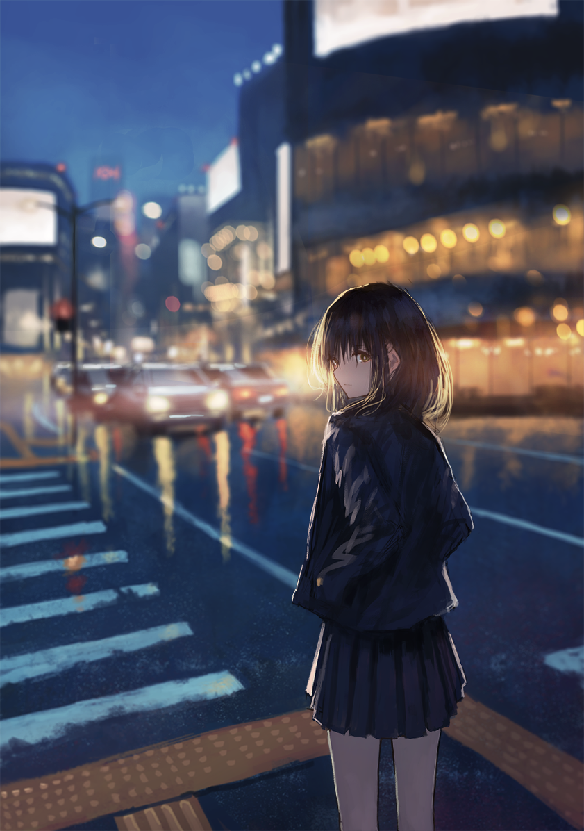 1girl bangs black_hair black_jacket black_skirt blurry blurry_background brown_eyes building city cityscape closed_mouth commentary cowboy_shot crosswalk evening from_behind hair_strand hands_in_pockets headlight jacket kagumanikusu lamppost looking_at_viewer looking_back medium_hair original pleated_skirt road scenery skirt solo street tail_lights wet_pavement