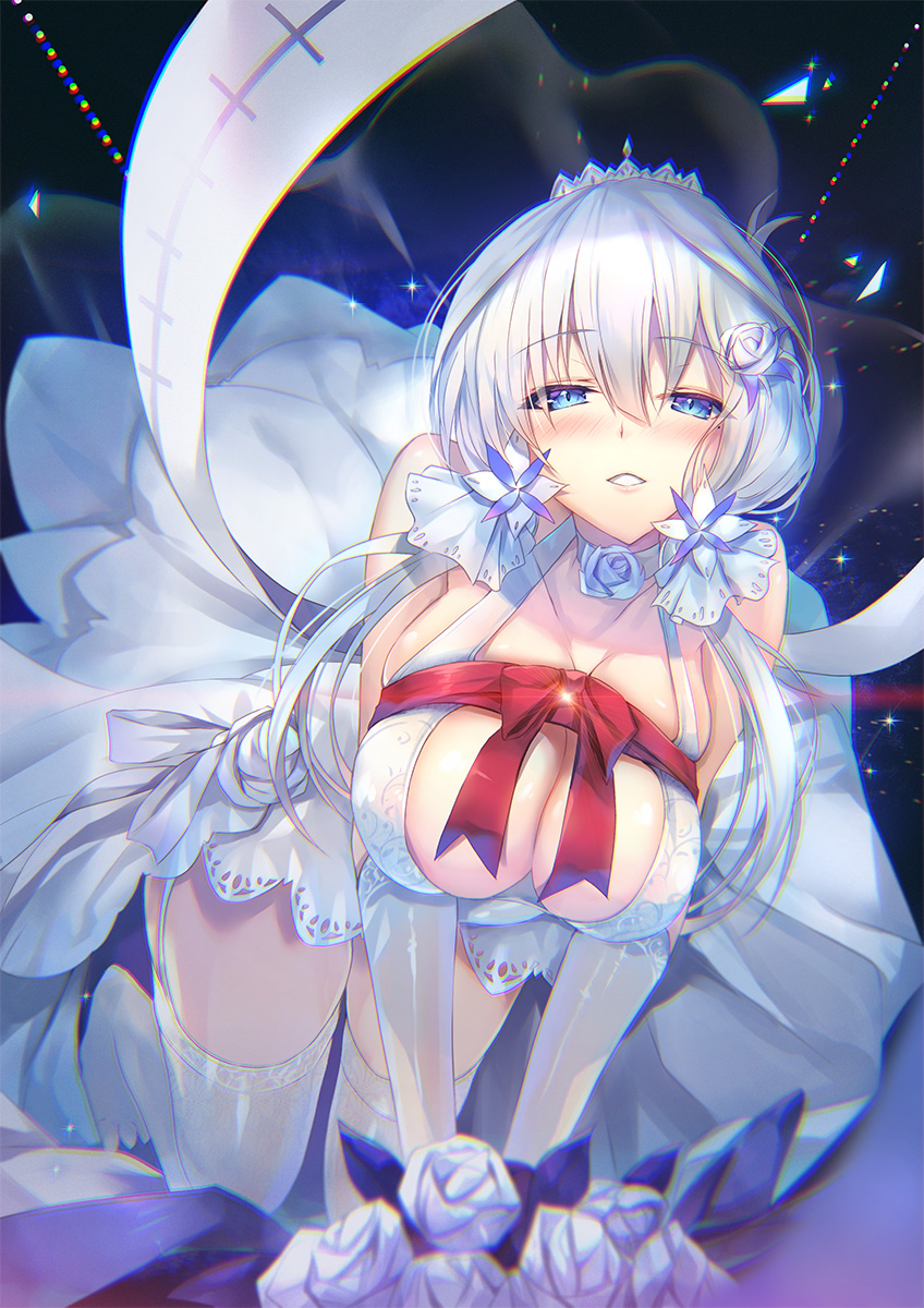 1girl azur_lane bangs blue_eyes blush bouquet bow breasts bridal_veil dress eyebrows_visible_through_hair flower flower_choker garter_straps gloves hair_ornament halter_dress highres hinot holding holding_bouquet huge_breasts illustrious_(azur_lane) illustrious_(morning_star_of_love_and_hope)_(azur_lane) long_hair looking_at_viewer low_twintails night night_sky red_bow rose sky smile solo teeth thigh-highs tiara tri_tails twintails veil wedding_dress white_dress white_flower white_gloves white_hair white_legwear white_rose