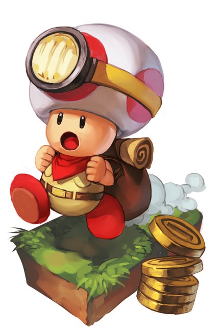 backpack bag belt brown_pants full_body gold gold_coin grass hankuri hat super_mario_bros. mushroom_hat open_mouth pants red_footwear running shoes simple_background solo toad white_background