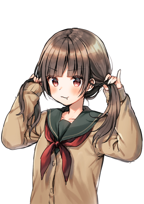 1girl :t bangs black_hair blush brown_cardigan bunching_hair cardigan closed_mouth commentary_request eyebrows_visible_through_hair green_sailor_collar green_shirt hands_up long_hair long_sleeves looking_at_viewer midorikawa_you neckerchief original pout red_eyes red_neckwear sailor_collar school_uniform serafuku shirt simple_background sleeves_past_wrists solo twintails upper_body wavy_mouth white_background
