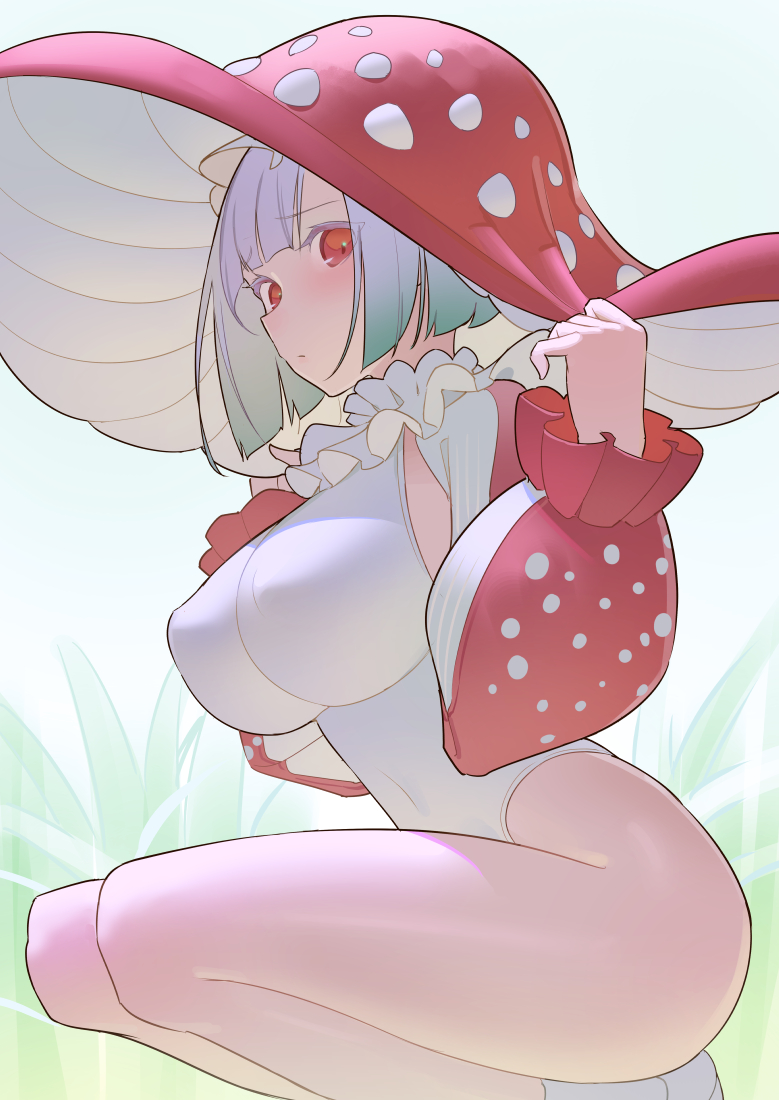 1girl bangs blush breasts closed_mouth covered_nipples large_breasts leotard long_sleeves looking_at_viewer mushroom_girl mushroom_hat neck_ruff original red_eyes short_hair silver_hair solo squatting tim_loechner white_leotard