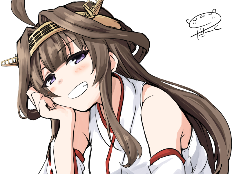 1girl ahoge armor bangs blush breasts brown_hair chin_rest darkside detached_sleeves eyebrows_visible_through_hair grin headgear japanese_armor kantai_collection kongou_(kantai_collection) long_hair nontraditional_miko ribbon-trimmed_sleeves ribbon_trim signature simple_background smile smug solo violet_eyes white_background