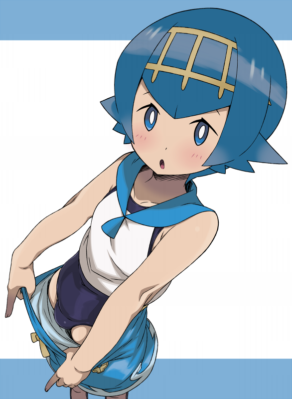 1girl blue_eyes blue_hair blue_swimsuit breasts collagen hairband looking_at_viewer one-piece_swimsuit open_mouth pokemon pokemon_(game) pokemon_sm short_hair sleeveless small_breasts solo suiren_(pokemon) swimsuit swimsuit_under_clothes trial_captain