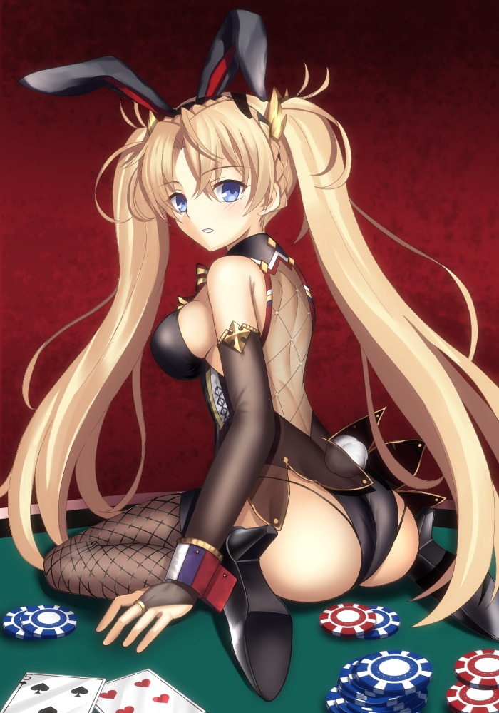 1girl animal_ears ass back bangs bare_shoulders black_footwear black_legwear blonde_hair blue_eyes blush bradamante_(fate/grand_order) braid breasts bridal_gauntlets bunny_tail bunnysuit card crown_braid detached_sleeves fate/grand_order fate_(series) fishnet_legwear fishnets gloves hair_between_eyes hair_ornament high_heels large_breasts long_hair looking_at_viewer looking_back mishiro0229 playing_card poker_chip poker_table rabbit_ears red_background sitting solo tail thigh-highs twintails very_long_hair wariza welcome_bunny_(fate/grand_order) wrist_cuffs