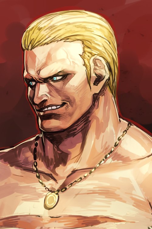 1boy blonde_hair blue_eyes fatal_fury geese_howard grin hair_slicked_back hankuri jewelry male_focus manly necklace red_background shirtless simple_background smile solo the_king_of_fighters upper_body