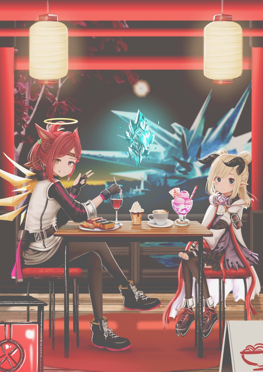 2girls alcohol arknights black_footwear black_gloves black_legwear blonde_hair blue_eyes blush chair character_request closed_mouth crossover crystal cup double_bun drinking_glass drinking_straw exusiai_(arknights) facial_mark final_fantasy final_fantasy_xiv fingerless_gloves gloves halo heterochromia highres horns kirimatsu lantern multiple_girls pantyhose parted_lips plate pointy_ears red_eyes redhead short_hair sitting smile table torii wine wine_glass yellow_eyes