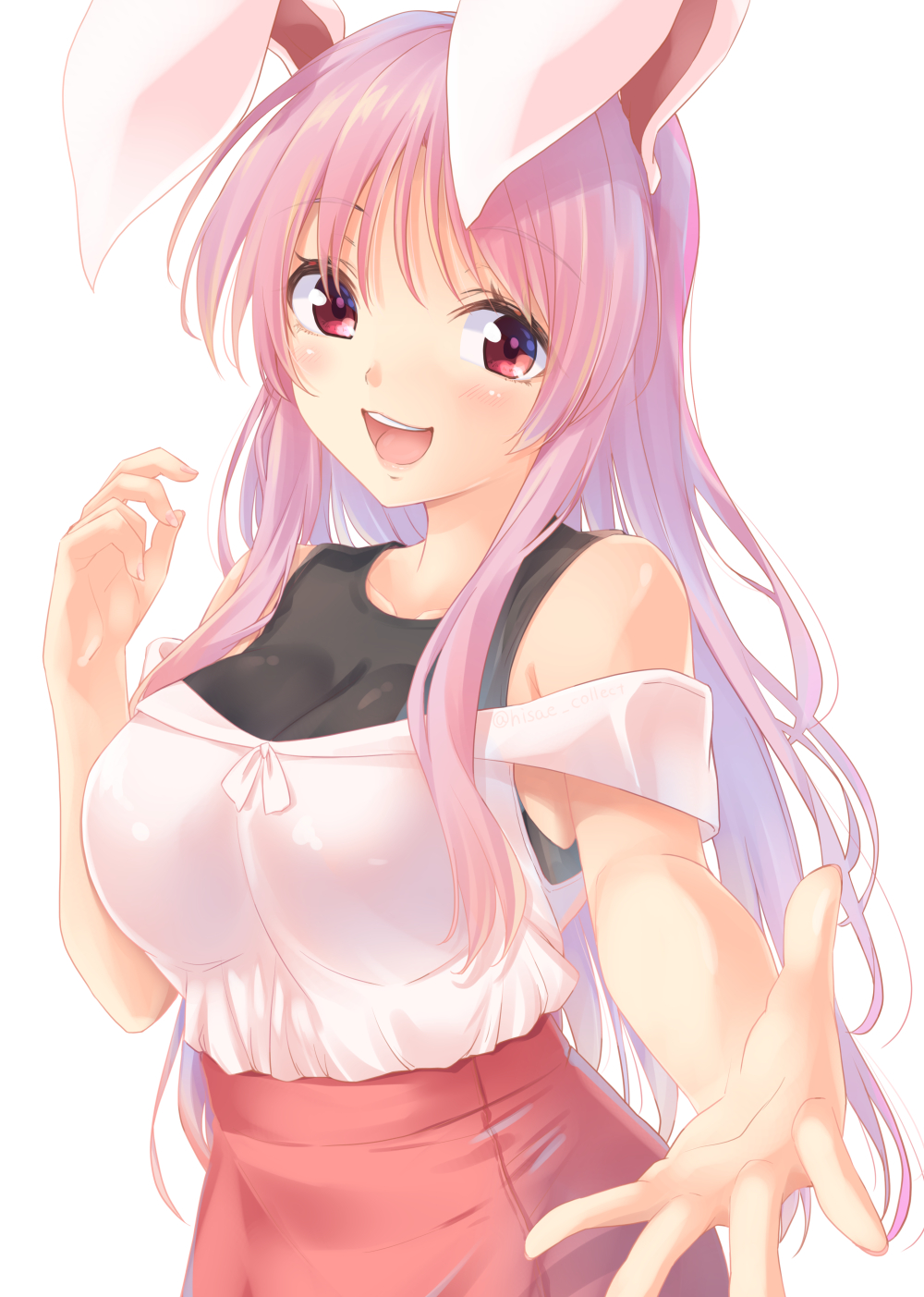 1girl :d alternate_costume animal_ears bangs bare_shoulders blush breasts casual commentary_request contemporary eyebrows_visible_through_hair hand_up highres kue large_breasts long_hair looking_at_viewer off-shoulder_shirt off_shoulder open_mouth pink_skirt purple_hair rabbit_ears reaching_out red_eyes reisen_udongein_inaba shirt simple_background skirt smile solo touhou upper_body white_background white_shirt
