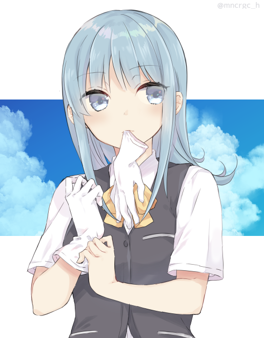 1girl adjusting_clothes adjusting_gloves bangs black_vest blue_eyes blue_hair blush clouds eyebrows_visible_through_hair gloves hairi_(mncrgc_h) hatsukaze_(kantai_collection) kantai_collection long_hair mouth_hold school_uniform shirt short_sleeves simple_background sky solo twitter_username upper_body vest white_gloves white_shirt yellow_neckwear