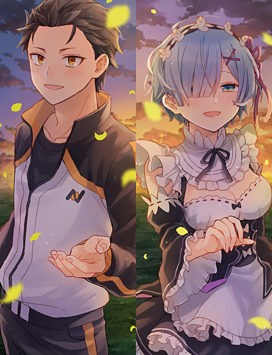 1boy 1girl black_hair blue_eyes blue_hair brown_eyes commentary_request detached_sleeves frilled_sleeves frills hair_ornament hair_over_one_eye hair_ribbon maid maid_headdress natsuki_subaru open_mouth petals purple_ribbon re:zero_kara_hajimeru_isekai_seikatsu rem_(re:zero) ribbon shake_sawa short_hair smile x_hair_ornament