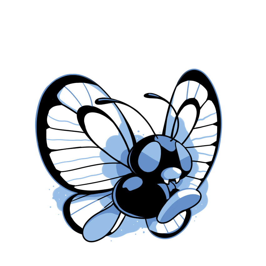 antennae blue_theme bug butterfly butterfree commentary creature english_commentary fangs full_body gen_1_pokemon insect no_humans pokemon pokemon_(creature) rumwik signature simple_background solo white_background