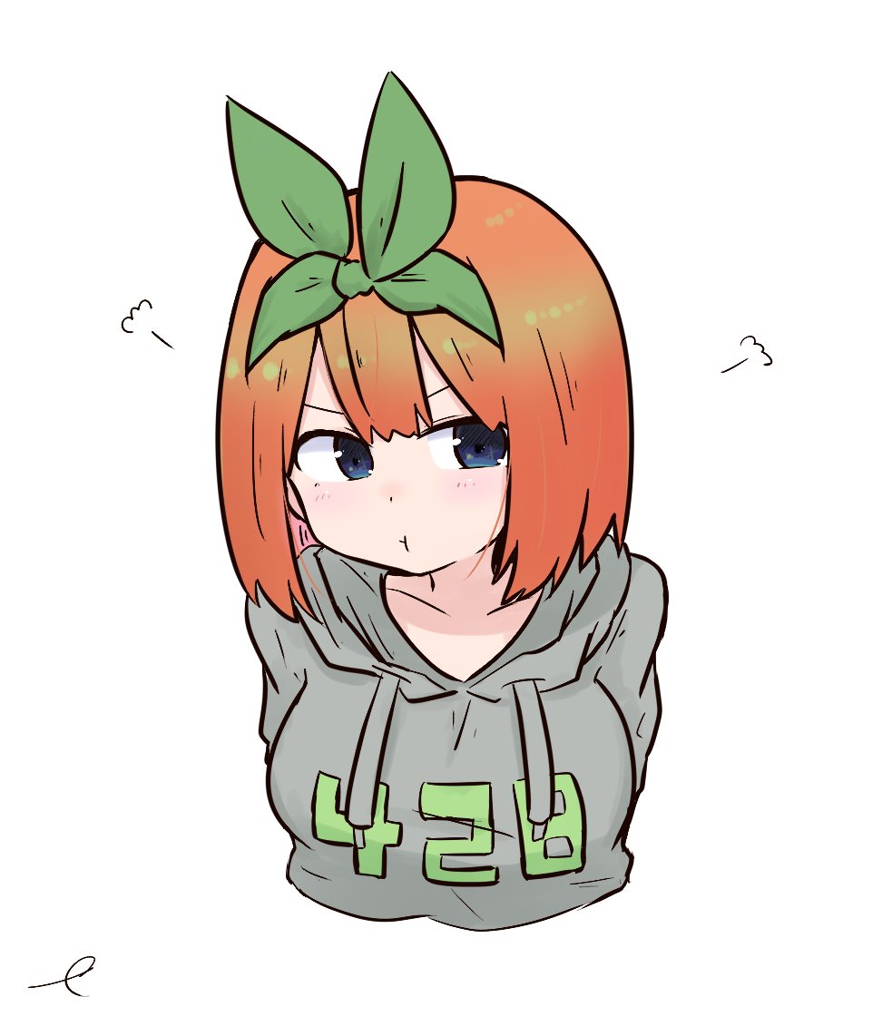 1girl :t bangs blue_eyes blush breasts closed_mouth clothes_writing collarbone commentary_request cropped_torso drawstring eyebrows_behind_hair go-toubun_no_hanayome green_ribbon grey_hoodie hair_ribbon hood hood_down hoodie kujou_karasuma medium_breasts nakano_yotsuba orange_hair pout ribbon signature simple_background solo upper_body white_background