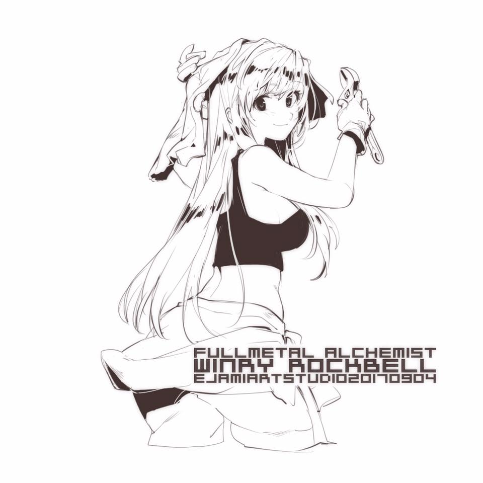 1girl breasts closed_mouth ejami fullmetal_alchemist gloves greyscale long_hair looking_at_viewer monochrome sideboob simple_background smile solo white_background winry_rockbell wrench