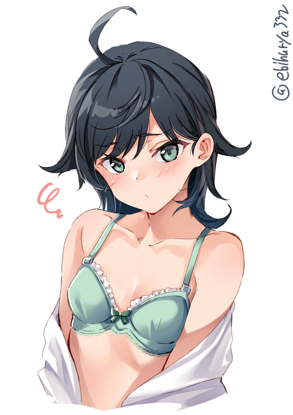 1girl ahoge annoyed bangs black_hair blush bow bow_bra bra breasts commentary_request cropped_torso ebifurya eyebrows_visible_through_hair furrowed_eyebrows green_bra green_eyes highres kantai_collection looking_at_viewer matsukaze_(kantai_collection) open_clothes open_shirt short_hair small_breasts solo squiggle swept_bangs tsurime underwear upper_body wavy_hair