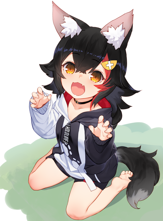 1girl animal_ear_fluff animal_ears black_hair hair_ornament izumi_sai long_hair looking_at_viewer ookami_mio open_mouth simple_background smile solo virtual_youtuber