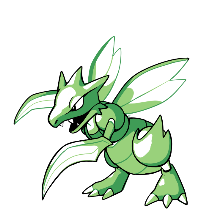 black_eyes claws commentary creature english_commentary fangs full_body gen_1_pokemon green_theme no_humans pokemon pokemon_(creature) rumwik scyther signature simple_background solo standing white_background