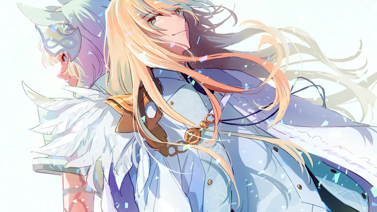 animal_ears back-to-back blonde_hair blue_eyes caenis_(fate) cape dark_skin fate/grand_order fate_(series) hastune kirschtaria_wodime long_hair smile white_background white_hair