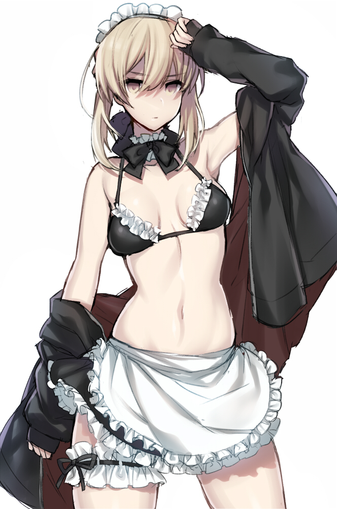 1girl anoshabu apron artoria_pendragon_(all) artoria_pendragon_(swimsuit_rider_alter) blonde_hair bow bowtie breasts breasts_apart contrapposto fate/grand_order fate_(series) garters groin hair_between_eyes hand_on_forehead jacket leg_garter looking_at_viewer maid_apron navel off_shoulder partially_undressed short_hair sleeves_past_wrists small_breasts solo white_background yellow_eyes