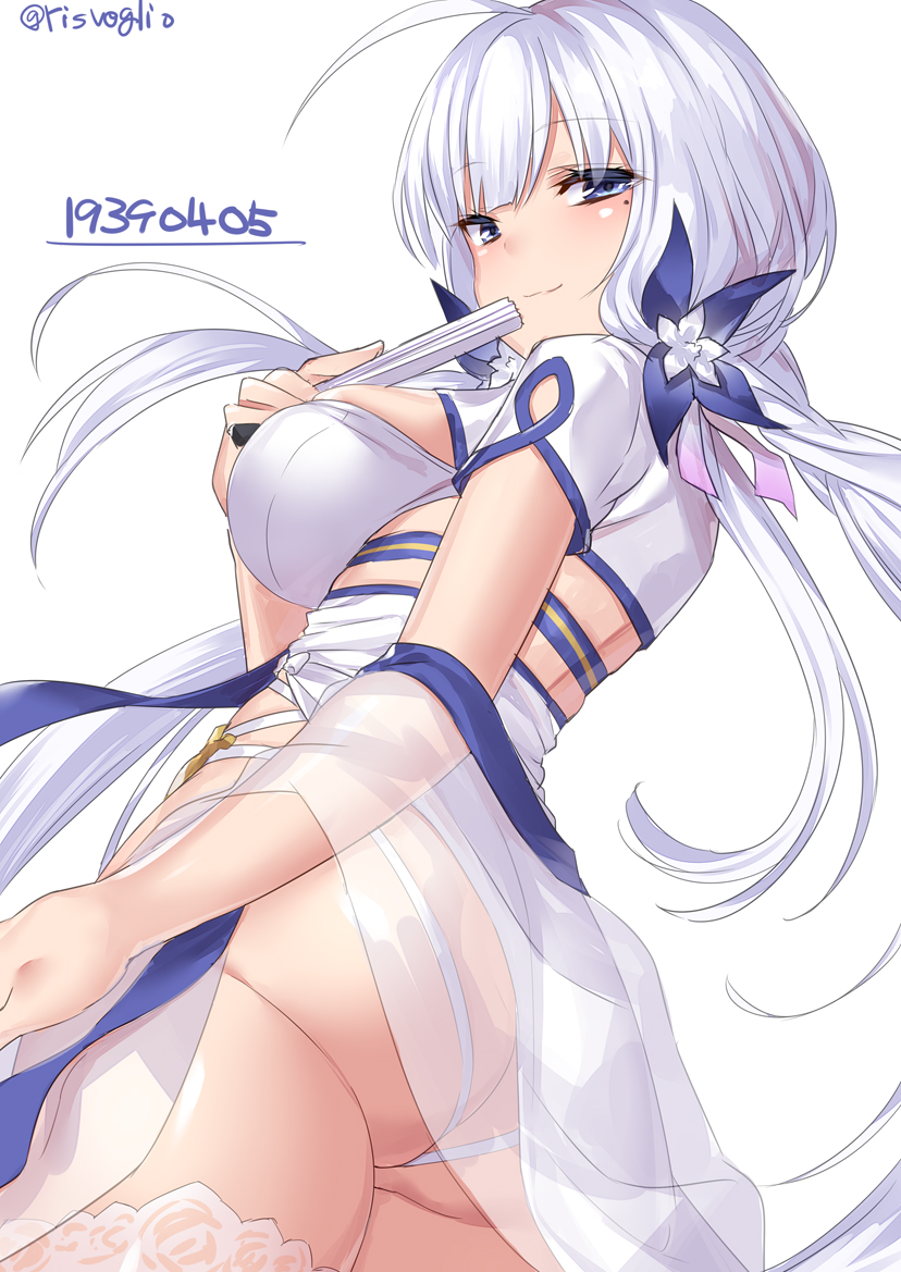 1girl ahoge arm_at_side ass azur_lane bangs blue_eyes blunt_bangs china_dress chinese_clothes commentary_request dress eyebrows_visible_through_hair fan folding_fan from_below garter_straps holding holding_fan illustrious_(azur_lane) illustrious_(maiden_lily's_radiance)_(azur_lane) light_smile looking_at_viewer mole mole_under_eye panties side_slit thighs torimaru tri_tails twitter_username underwear white_dress