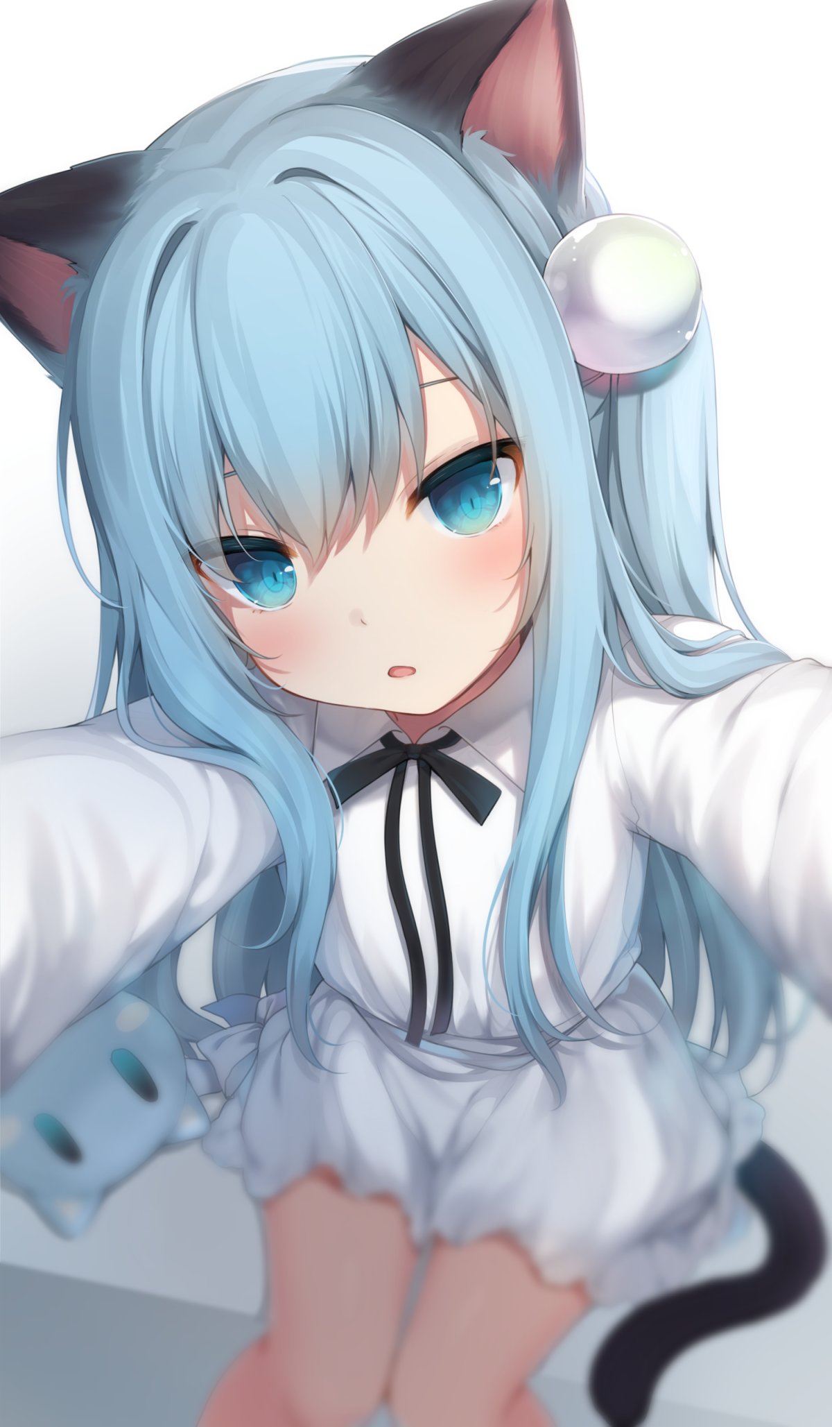 1girl amashiro_natsuki animal_ear_fluff animal_ears bangs black_ribbon blue_eyes blue_hair blurry blurry_background blush cat_ears cat_girl cat_tail collared_dress commentary_request depth_of_field eyebrows_visible_through_hair gradient gradient_background grey_background hair_between_eyes hair_ornament highres holding long_hair looking_at_viewer neck_ribbon nekoha_shizuku one_side_up original parted_lips reaching_out ribbon sitting solo stuffed_animal stuffed_cat stuffed_toy tail very_long_hair white_background