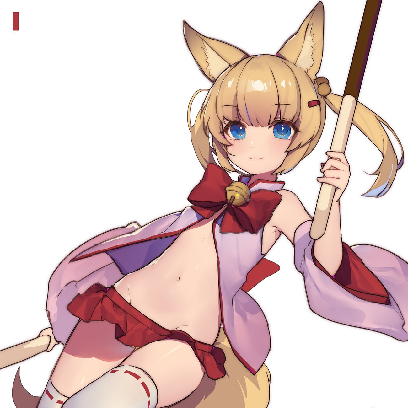 1girl acidear animal_ears armpits bare_shoulders bell blonde_hair blue_eyes bow bowtie center_opening detached_sleeves dual_wielding fangs food fox_ears fox_girl fox_tail groin hair_ornament hairclip highres holding jingle_bell kemomimi_oukoku_kokuei_housou long_hair looking_at_viewer midriff mikoko_(kemomimi_oukoku_kokuei_housou) miniskirt navel pink_shirt pocky red_neckwear red_skirt revealing_clothes shirt simple_background skirt solo stomach tail thigh-highs twintails virtual_youtuber white_background white_legwear wide_sleeves zettai_ryouiki