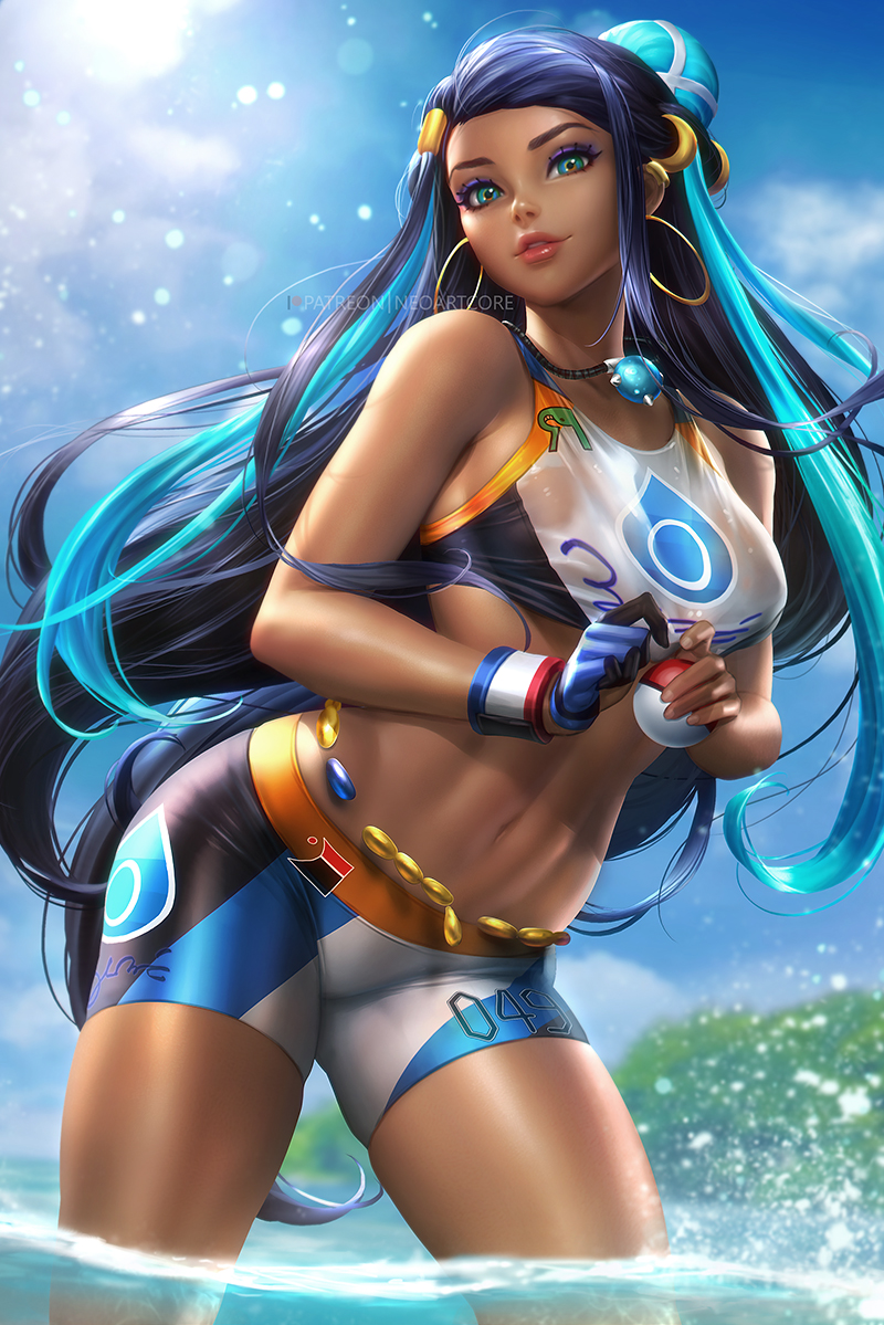 1girl aqua_eyes artist_name bare_shoulders bike_shorts black_hair blue_eyes blue_gloves blue_hair breasts collarbone crescent crescent_hair_ornament dark_skin day earrings eyeshadow forehead gloves gym_leader hair_bun hair_ornament hairclip holding holding_poke_ball hoop_earrings jewelry leaning_forward long_hair makeup medium_breasts multicolored_hair navel necklace nudtawut_thongmai outdoors parted_lips poke_ball poke_ball_(generic) pokemon pokemon_(game) pokemon_swsh red_lips rurina_(pokemon) see-through single_glove smile solo splashing sports_bra stomach sunlight thighs toned two-tone_hair very_long_hair water