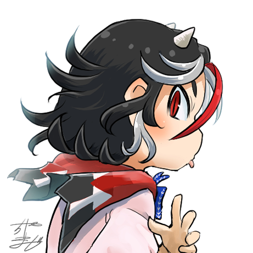 1girl avatar_icon black_hair blue_neckwear bow bowtie chamaji commentary directional_arrow horns kijin_seija looking_at_viewer lowres multicolored_hair red_eyes red_neckwear redhead scarf short_hair sidelocks signature solo streaked_hair tongue tongue_out touhou upper_body white_background white_hair