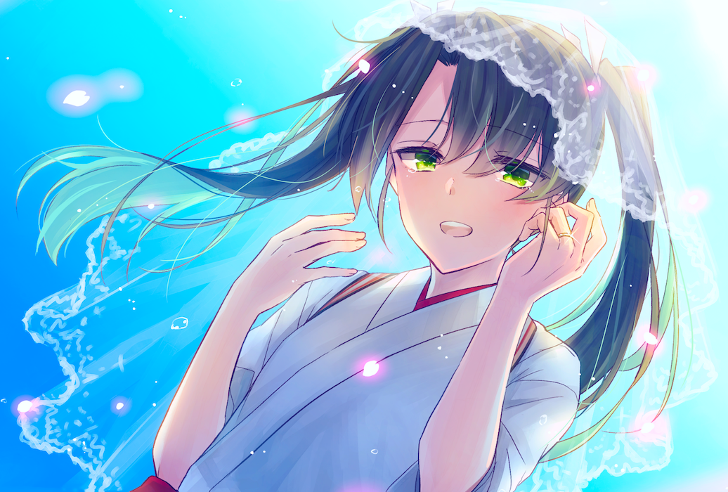 1girl bangs blue_background brown_hair dutch_angle eyebrows_visible_through_hair floating_hair gradient gradient_background green_eyes hair_between_eyes hair_intakes japanese_clothes jewelry kantai_collection kimono long_hair ouri_(aya_pine) ring solo sparkle upper_body veil wedding_band white_kimono zuikaku_(kantai_collection)