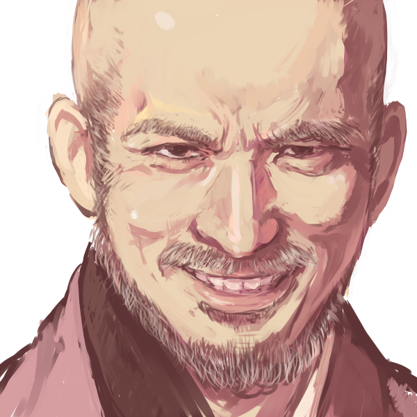 1boy asian bald beard black_eyes eyebrows facial_hair grin looking_at_viewer male_focus mustache original portrait shu-mai simple_background smile smug solo white_background