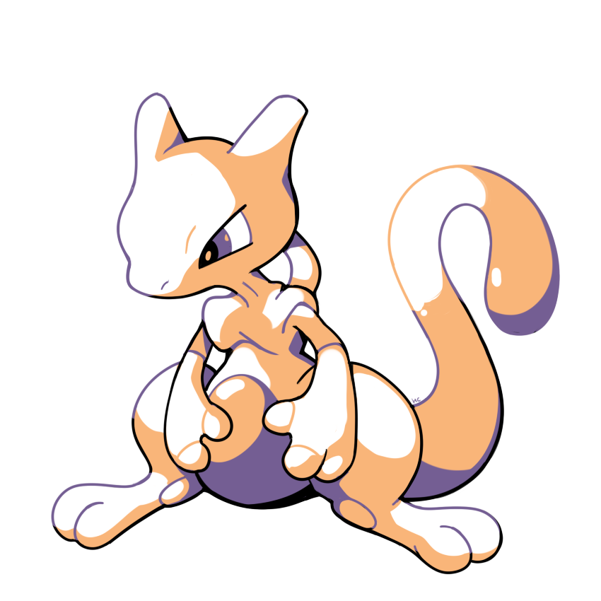 commentary creature english_commentary full_body gen_1_pokemon legendary_pokemon mewtwo monochrome no_humans pokemon pokemon_(creature) rumwik signature simple_background solo white_background