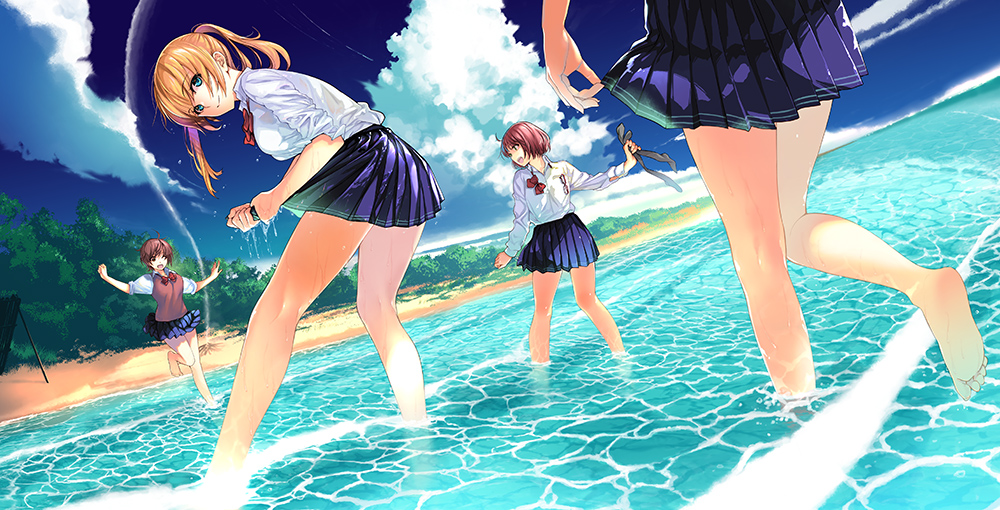 4girls amatani_mutsu barefoot beach blue_eyes blue_skirt bow bowtie brown_eyes brown_hair clouds day feet kujou_shion leaning_forward legwear_removed looking_at_viewer looking_back multiple_girls ocean official_art onishima_homare out_of_frame outdoors plant pleated_skirt rabbit red_bow red_neckwear sagaraise scenery school_uniform shirt short_hair skirt sky sleeves_rolled_up sounan_desuka? standing standing_on_one_leg suzumori_asuka sweater_vest text_focus toes twintails water wet wet_clothes white_shirt wringing_clothes wringing_skirt