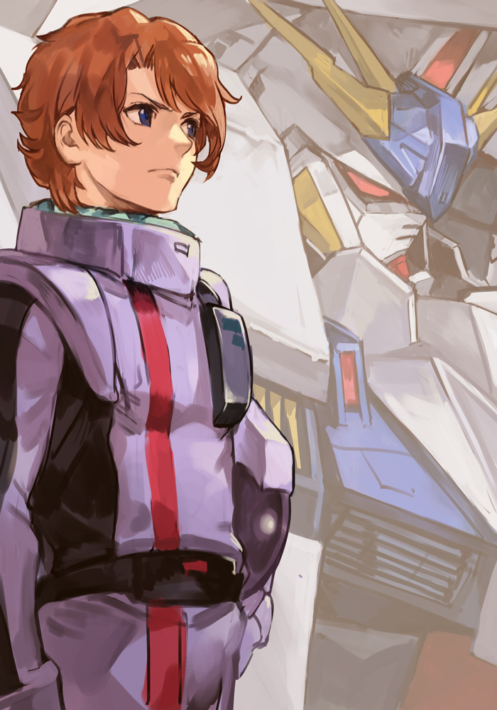 1boy blue_eyes bodysuit brown_hair closed_mouth cowboy_shot gundam gundam_hathaway's_flash hankuri helmet holding holding_helmet lane_aime male_focus mecha penelope_(hathaway's_flash) pilot_suit purple_bodysuit solo standing