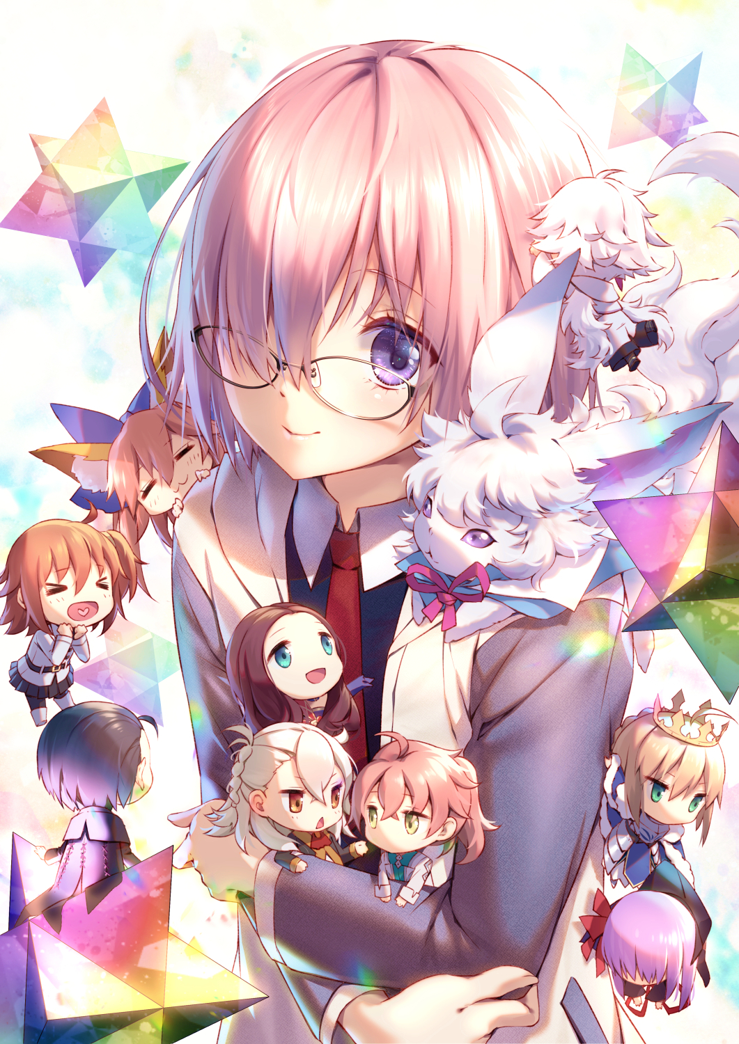 &gt;_&lt; :3 ahoge animal_ears aqua_eyes armor artoria_pendragon_(all) bb_(fate)_(all) bb_(fate/extra_ccc) blonde_hair blue_bow bow brown_eyes brown_hair character_request chibi closed_mouth crown eyebrows_visible_through_hair fate/extra fate/extra_ccc fate/grand_order fate/stay_night fate_(series) fou_(fate/grand_order) fox_ears fujimaru_ritsuka_(female) glasses green_eyes hair_bow hair_over_one_eye hair_ribbon highres leonardo_da_vinci_(fate/grand_order) lilithbloody long_sleeves looking_at_another looking_at_viewer mash_kyrielight necktie open_mouth orange_hair pink_hair purple_hair red_neckwear red_ribbon redhead ribbon saber short_hair side_ponytail smile tamamo_(fate)_(all) tamamo_no_mae_(fate)
