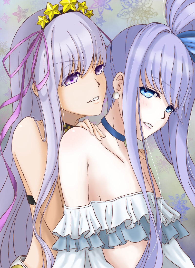 2girls bangs bare_shoulders bb_(fate)_(all) bb_(swimsuit_mooncancer)_(fate) bikini blue_eyes blue_ribbon blush breasts choker collarbone earrings fate/grand_order fate_(series) frilled_bikini frills hair_ornament hair_ribbon hairband hands_on_another's_shoulders jewelry long_hair long_sleeves looking_at_viewer meltryllis meltryllis_(swimsuit_lancer)_(fate) multiple_girls niizuma_444 off-shoulder_swimsuit off_shoulder puffy_sleeves purple_bikini purple_hair purple_ribbon ribbon side_ponytail small_breasts star star_hair_ornament swimsuit tan very_long_hair violet_eyes white_bikini