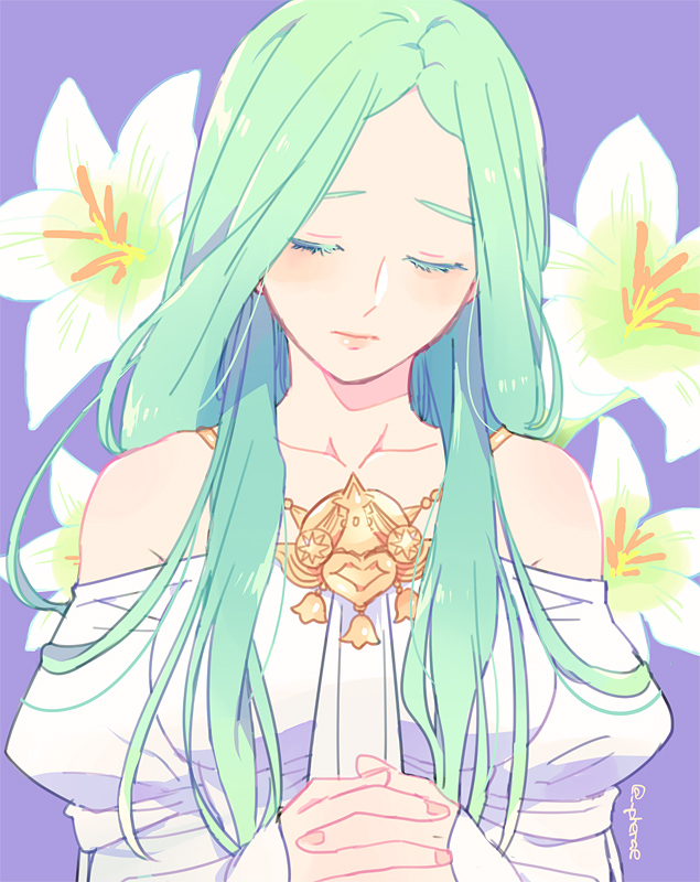 1girl blue_background closed_eyes closed_mouth fire_emblem fire_emblem:_three_houses flower green_hair guttary long_hair rhea_(fire_emblem) simple_background solo twitter_username upper_body