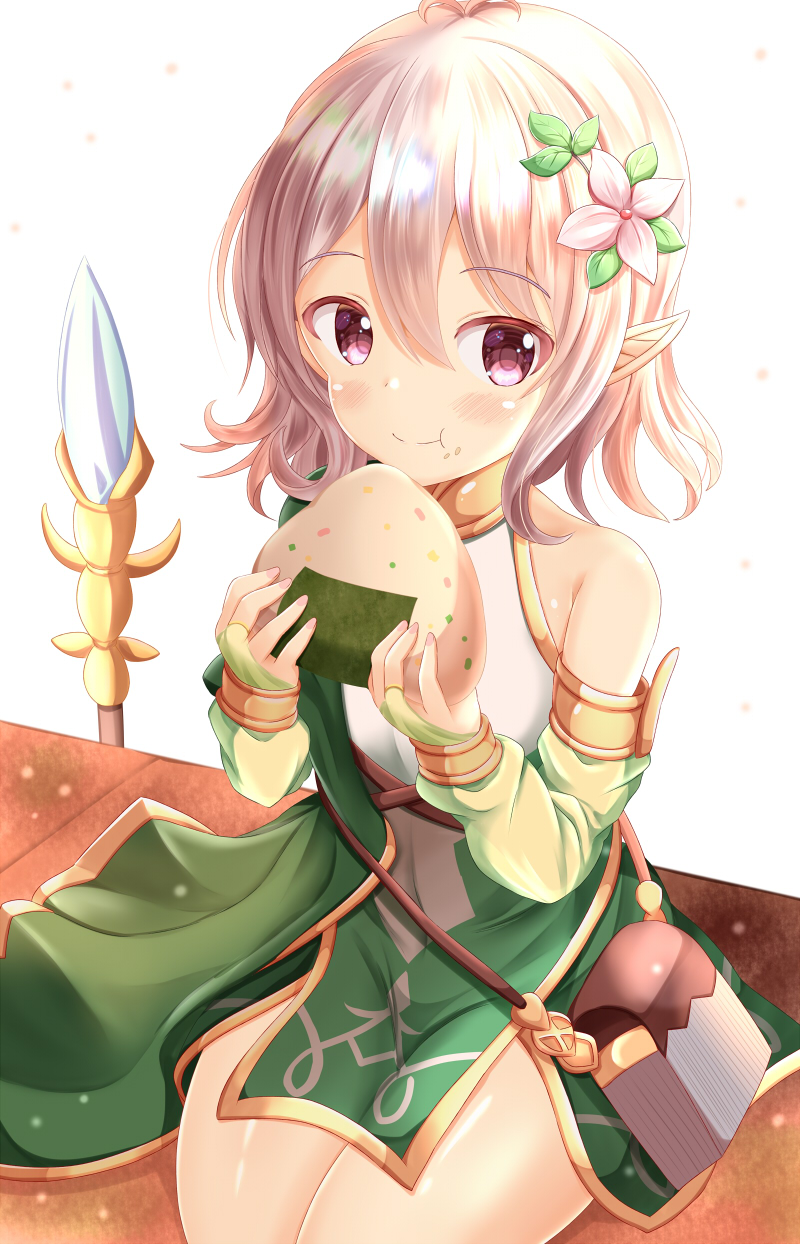 1girl :t bangs bare_shoulders blush bridal_gauntlets closed_mouth commentary_request detached_sleeves dress eating eyebrows_visible_through_hair flower food food_on_face green_sleeves hair_between_eyes hair_flower hair_ornament hands_up highres holding holding_food kokkoro_(princess_connect!) long_hair looking_at_viewer onigiri pointy_ears polearm princess_connect! princess_connect!_re:dive red_eyes rice rice_on_face silver_hair simple_background sleeveless sleeveless_dress solo spear weapon white_background white_dress white_flower zenon_(for_achieve)