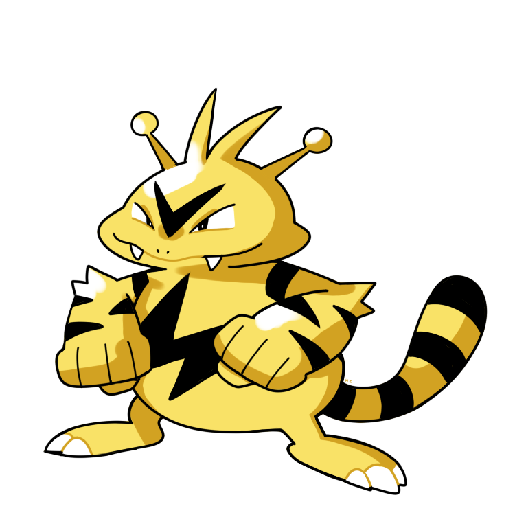 black_eyes clenched_hands commentary creature electabuzz english_commentary fangs full_body gen_1_pokemon legs_apart monochrome no_humans pokemon pokemon_(creature) pokemon_(game) pokemon_rgby pokemon_rgby_(style) rumwik signature simple_background smirk solo standing white_background yellow_theme
