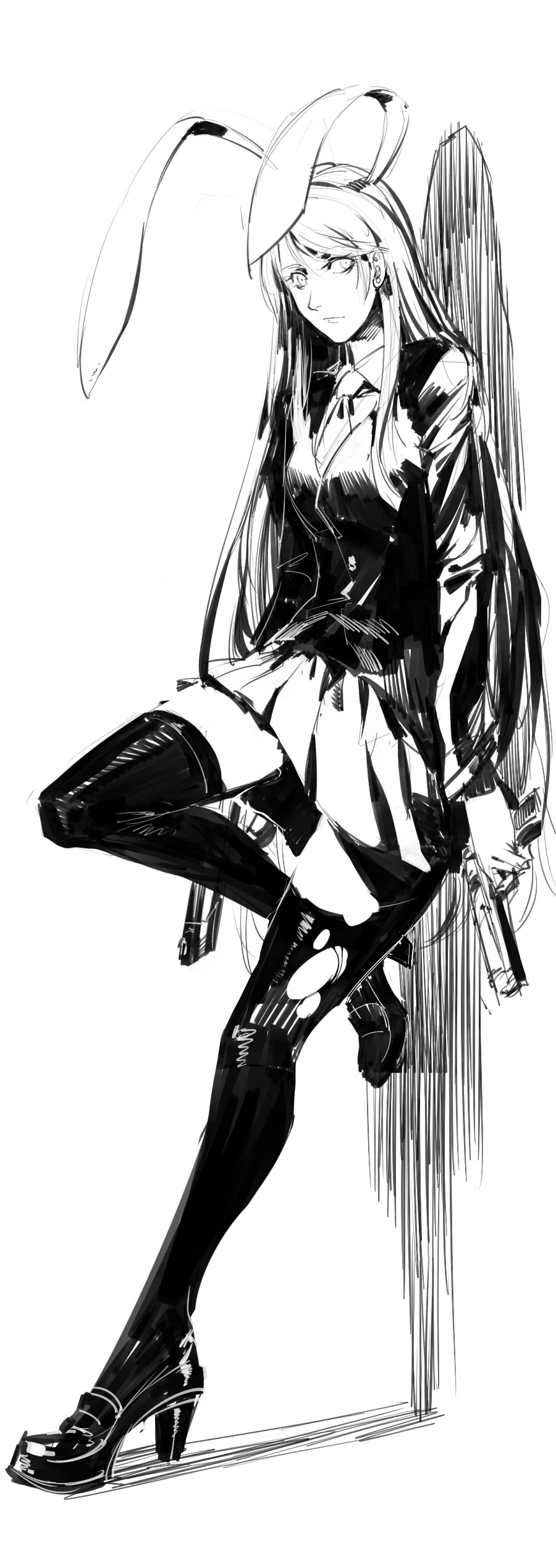 1girl absurdres against_wall animal_ears closed_mouth collared_shirt dual_wielding earrings greyscale gun high_heels highres holding holding_gun holding_weapon jacket jewelry long_hair long_sleeves looking_at_viewer monochrome necktie pleated_skirt rabbit_ears reisen_udongein_inaba ruukii_drift shirt skirt solo standing standing_on_one_leg thigh-highs touhou weapon wing_collar zettai_ryouiki