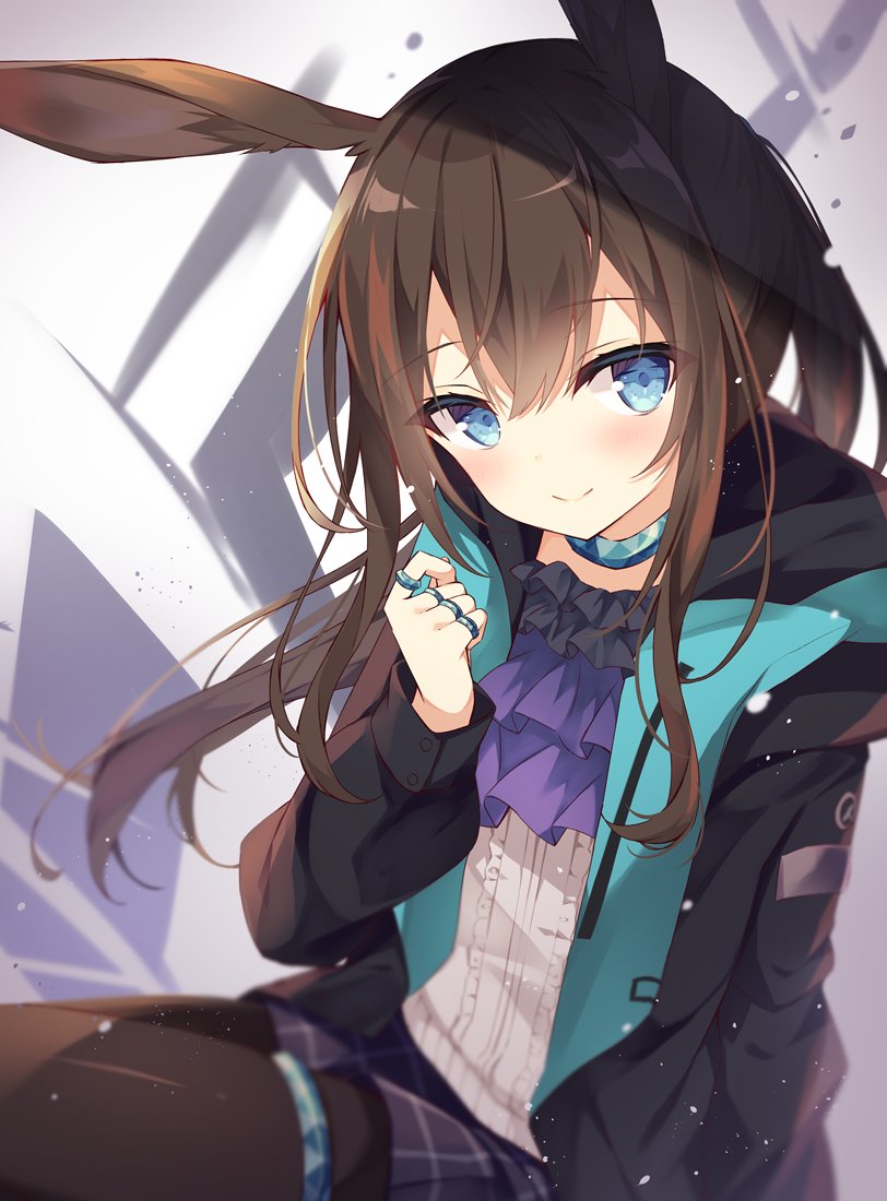 1girl amiya_(arknights) animal_ears arknights ascot bangs black_jacket black_skirt blue_eyes brown_hair brown_legwear center_frills closed_mouth commentary_request eyebrows_visible_through_hair frills hair_between_eyes hand_up hood hood_down hooded_jacket hoshi_(snacherubi) jacket jewelry long_hair long_sleeves looking_at_viewer open_clothes open_jacket pantyhose pleated_skirt ponytail purple_neckwear rabbit_ears ring shirt sitting skirt smile solo very_long_hair white_shirt