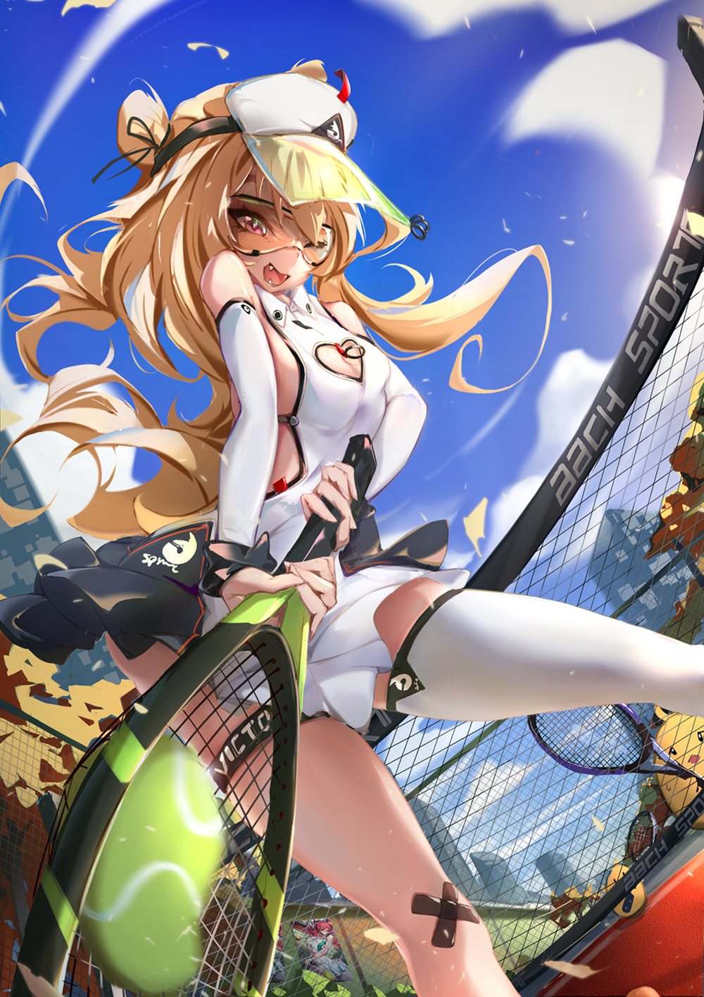 1girl azur_lane bache_(azur_lane) bache_(showy_sports_star)_(azur_lane) ball bare_shoulders blonde_hair blue_sky blush breasts building city clouds detached_sleeves heart_cutout highres holding_racket long_hair looking_at_viewer manjuu_(azur_lane) one_eye_closed racket renze_l single_thighhigh sky skyscraper small_breasts smile sportswear sunglasses tennis tennis_ball tennis_court tennis_dress tennis_net tennis_racket tennis_uniform thigh-highs thigh_strap twintails very_long_hair visor_cap white_legwear