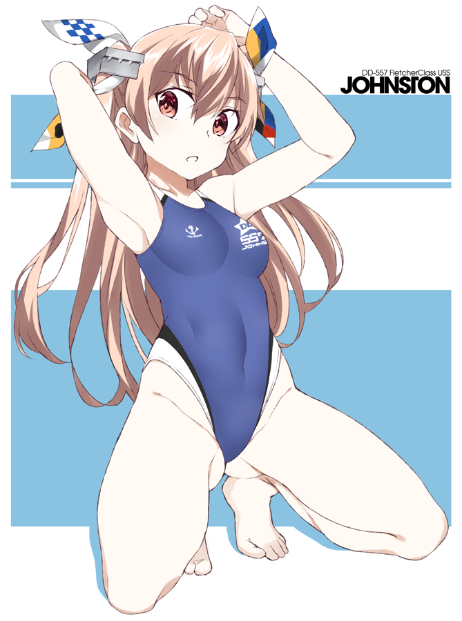 1girl :o alternate_costume anchor_print armpits arms_behind_head arms_up ass bangs bare_arms bare_legs bare_shoulders barefoot blue_swimsuit blush breasts brown_eyes character_name commentary_request competition_swimsuit covered_navel eyebrows_visible_through_hair groin hair_ribbon headgear highleg highleg_swimsuit johnston_(kantai_collection) kantai_collection light_brown_hair long_hair looking_at_viewer medium_breasts navel one-piece_swimsuit open_mouth ribbon simple_background solo souji spread_legs swimsuit two-tone_background two_side_up white_background