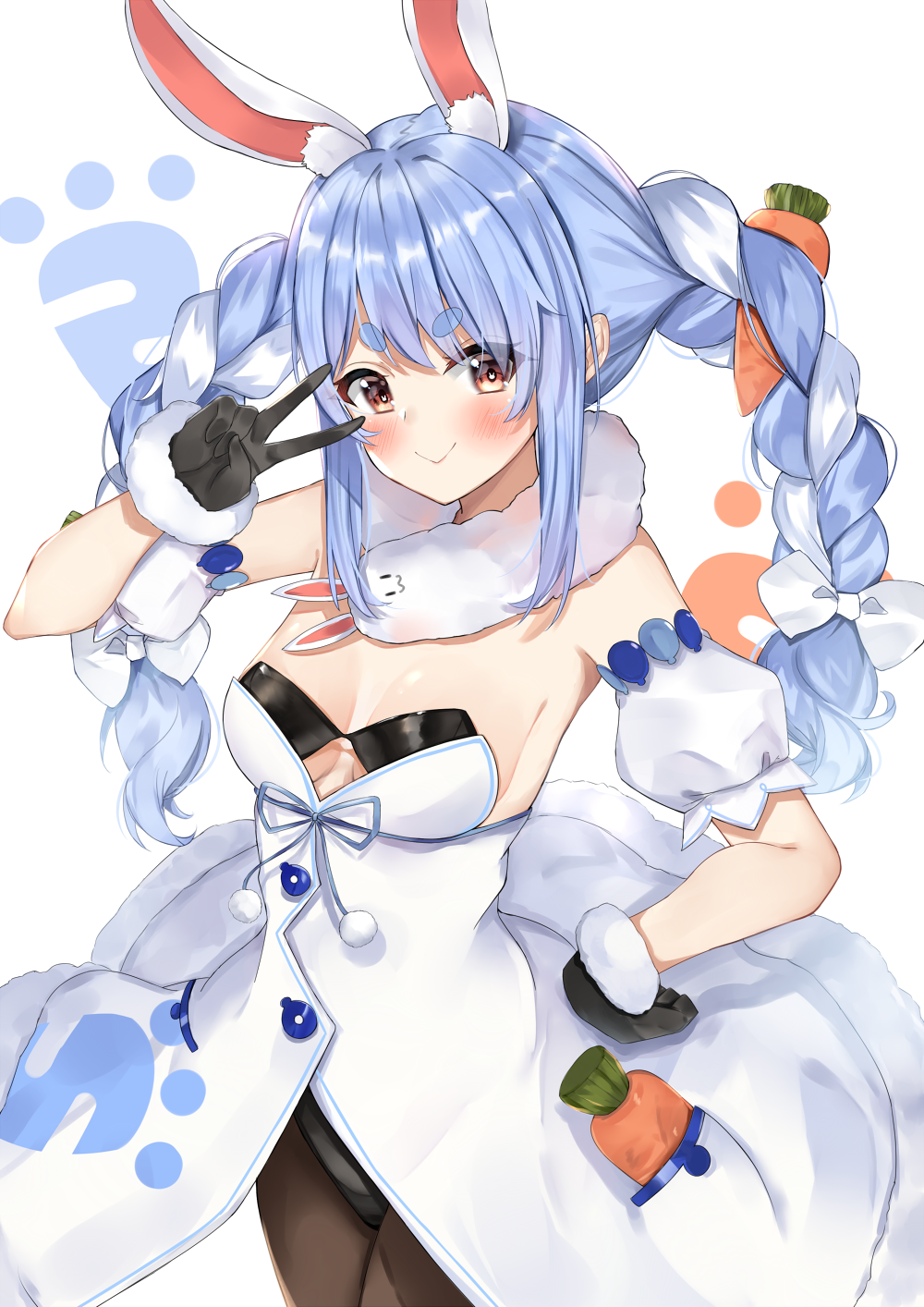 1girl animal_ear_fluff animal_ears armpits bare_shoulders black_gloves black_leotard blue_hair braid breasts brown_legwear bunny_girl carrot_hair_ornament coat cowboy_shot detached_sleeves extra_ears food_themed_hair_ornament fur_collar gloves hair_ornament hair_ribbon hand_on_hip hand_up highres hololive leotard long_hair looking_at_viewer nemun_(tamizzz) pantyhose rabbit_ears ribbon sidelocks small_breasts smile solo strapless symbol-shaped_pupils thick_eyebrows twin_braids twintails usada_pekora v virtual_youtuber white_background white_coat