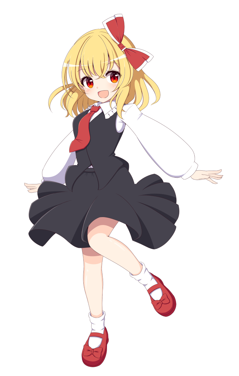 1girl black_skirt blonde_hair blouse blush bow bowtie eyebrows_visible_through_hair hair_bow hair_ribbon highres mary_janes necktie outstretched_arms red_bow red_eyes red_footwear red_neckwear red_ribbon ribbon rumia shirt shoes short_hair simple_background skirt spread_arms takapi_3 touhou vest white_background white_blouse white_legwear white_shirt wing_collar