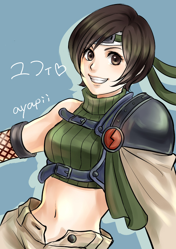 1girl armor artist_name ayapii bare_shoulders blue_background bob_cut breasts brown_eyes brown_hair brown_shorts character_name commentary crop_top final_fantasy final_fantasy_vii fishnet_gloves fishnets gloves green_sweater grin headband heart looking_at_viewer medium_breasts midriff navel open_fly ribbed_sweater short_hair shorts signature sleeveless sleeveless_turtleneck smile solo sweater translated turtleneck turtleneck_sweater upper_body yuffie_kisaragi